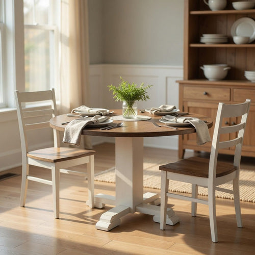 3pc Dining Set | Round Drop Leaf Top | Buckskin Brown Wood Seat | White