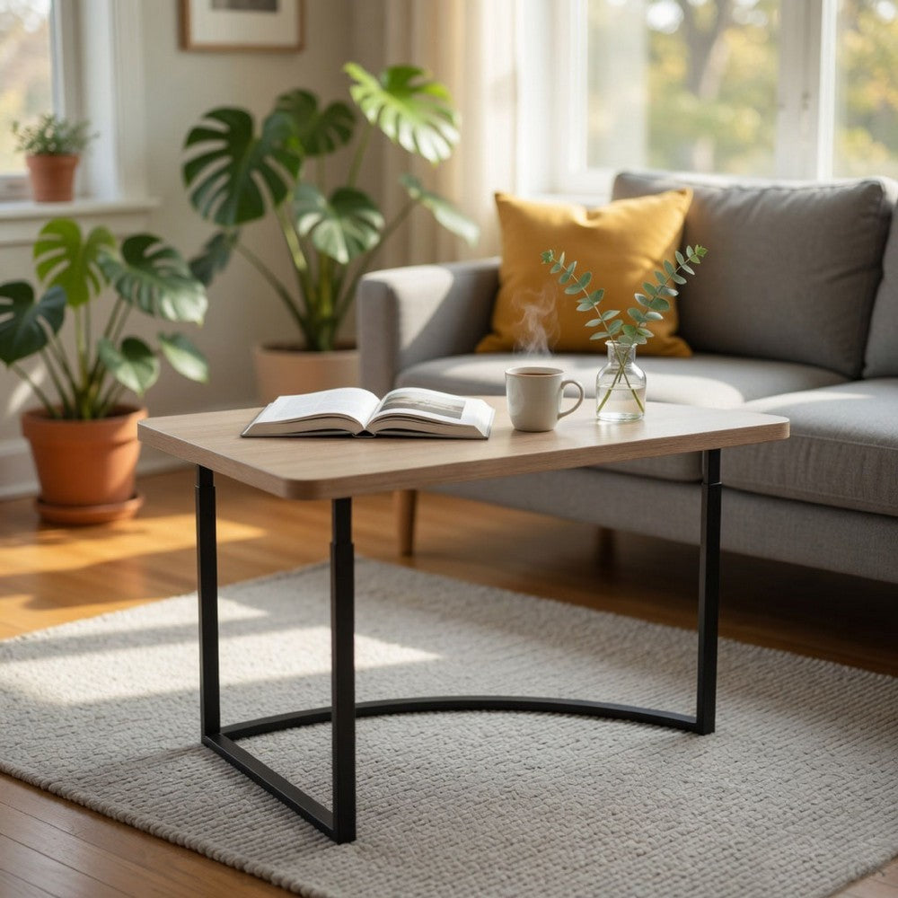Giby Corner Table | Height Adjustable | Triangular Wheat Brown Wood | Black Metal