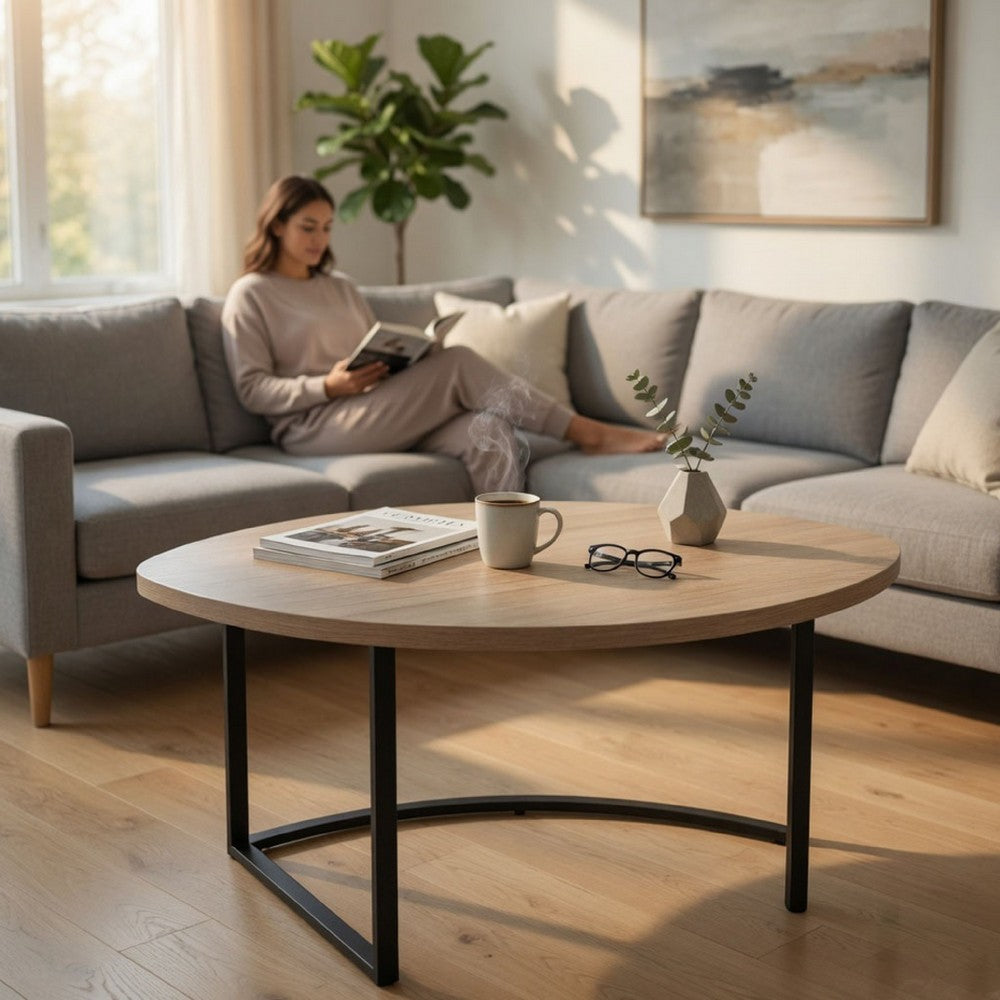 Giby Corner Table | Height Adjustable | Triangular Wheat Brown Wood | Black Metal