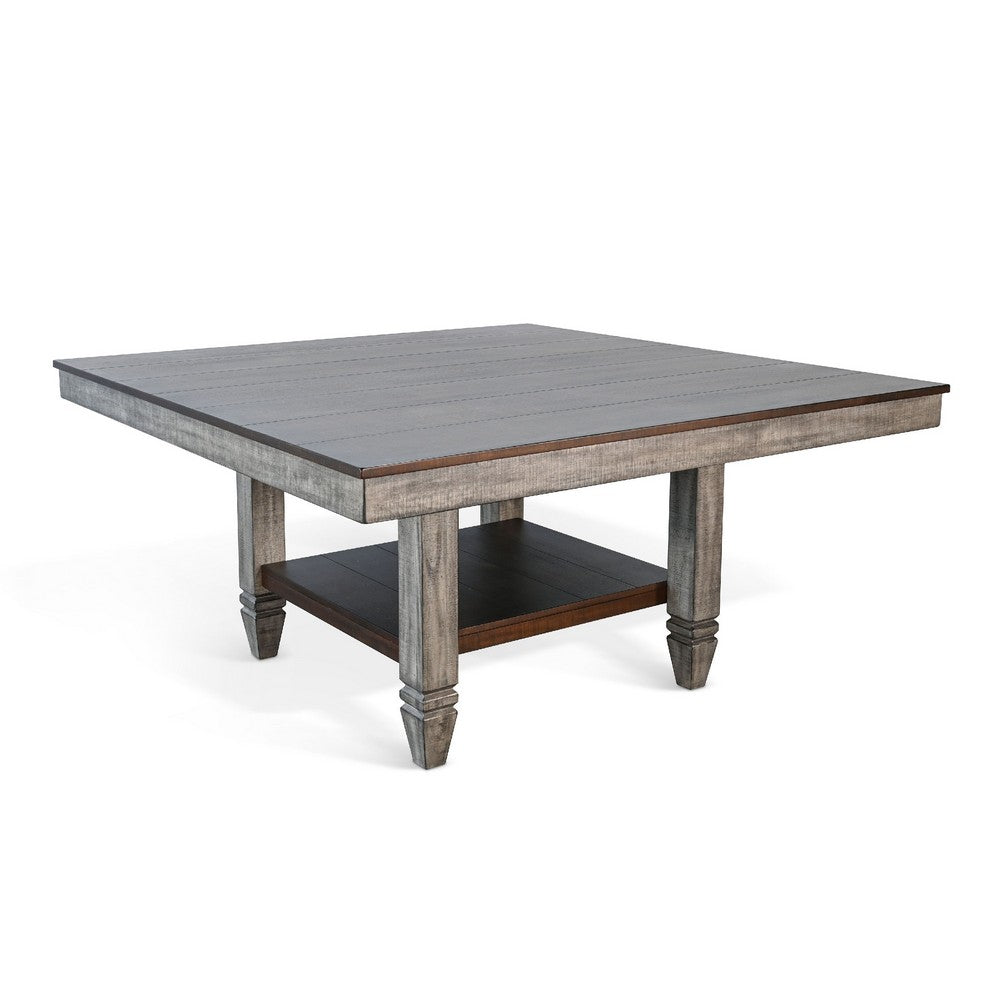 Dining Table | 60" Square Top w Shelf | Tobacco Leaf Brown, Gray Wood