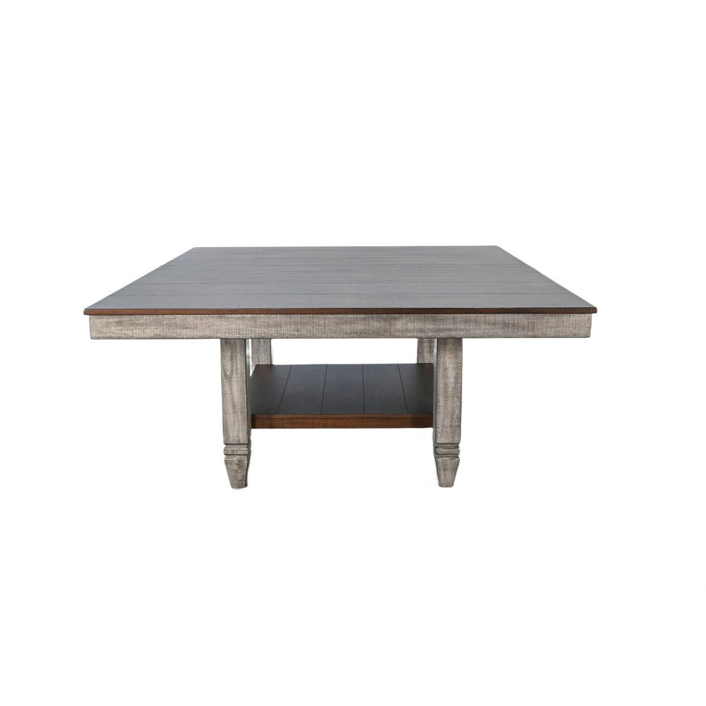 Dining Table | 60" Square Top w Shelf | Tobacco Leaf Brown, Gray Wood