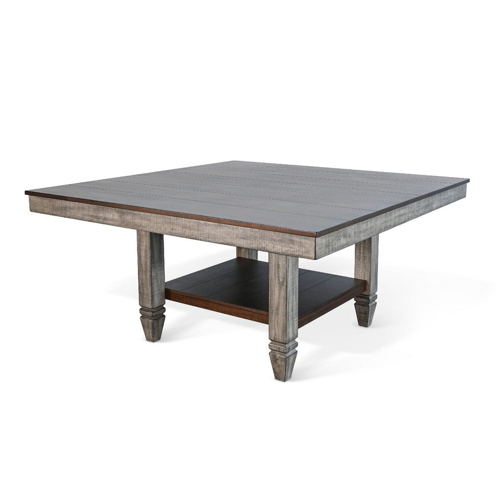 Dining Table | 60" Square Top w Shelf | Tobacco Leaf Brown, Gray Wood
