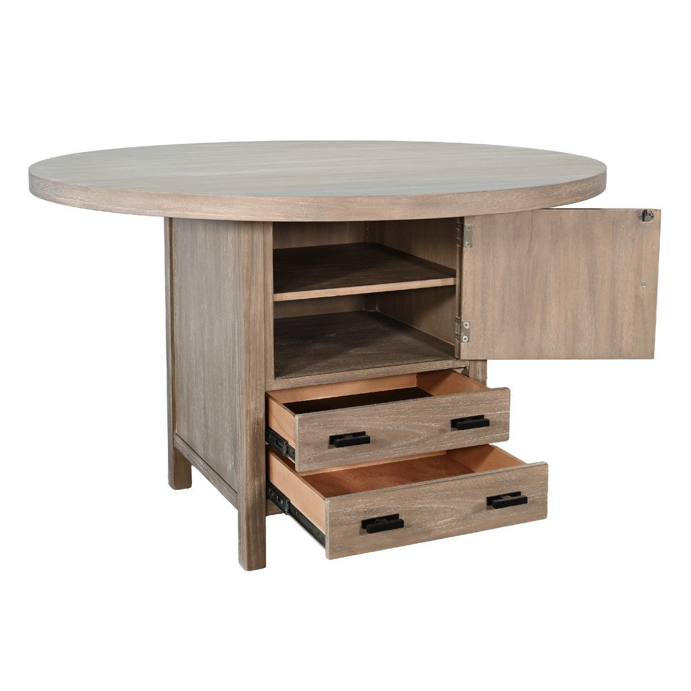 54" Round Counter Table w Storage Cabinet, 2 Drawers | Wheat Brown Wood