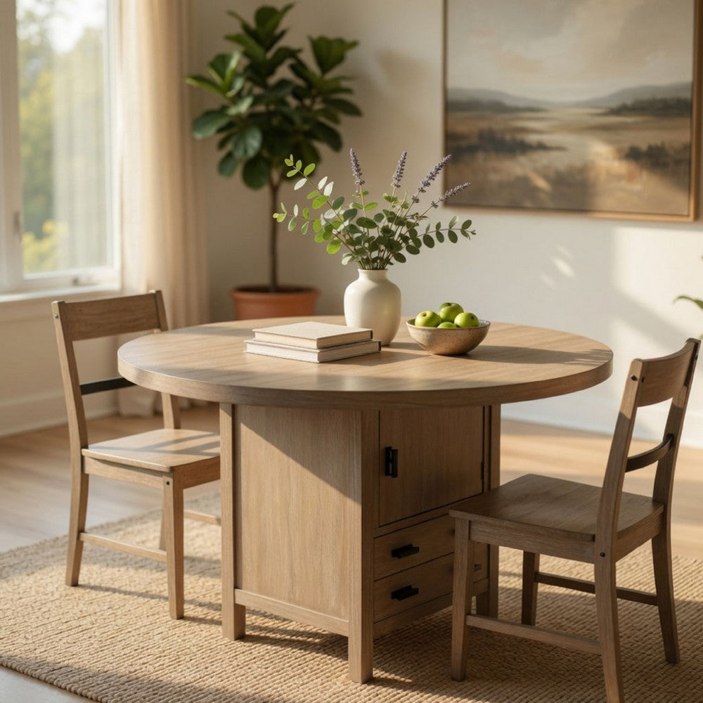 54" Round Counter Table w Storage Cabinet, 2 Drawers | Wheat Brown Wood