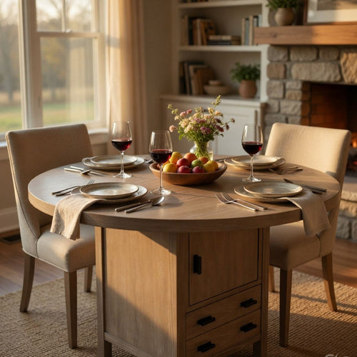 54" Round Counter Table w Storage Cabinet, 2 Drawers | Wheat Brown Wood
