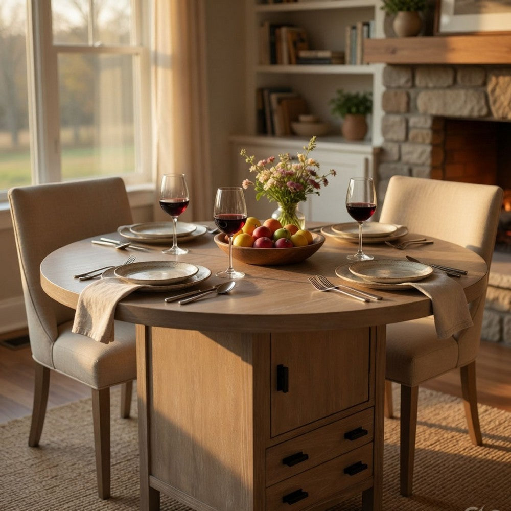 54" Round Counter Table w Storage Cabinet, 2 Drawers | Wheat Brown Wood