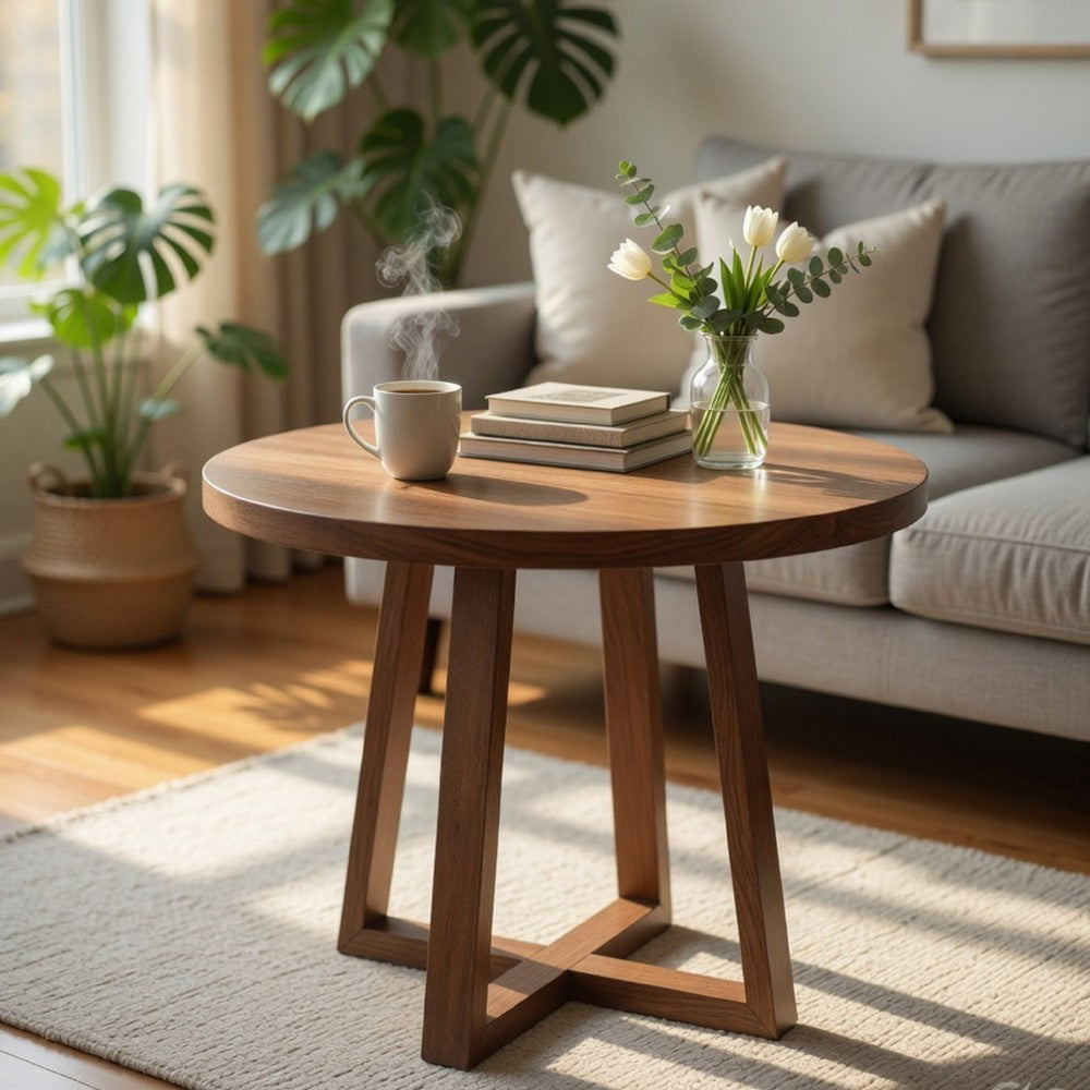 Mika Counter Table | 44" Round Top | Criss Cross Base | Medium Brown Wood