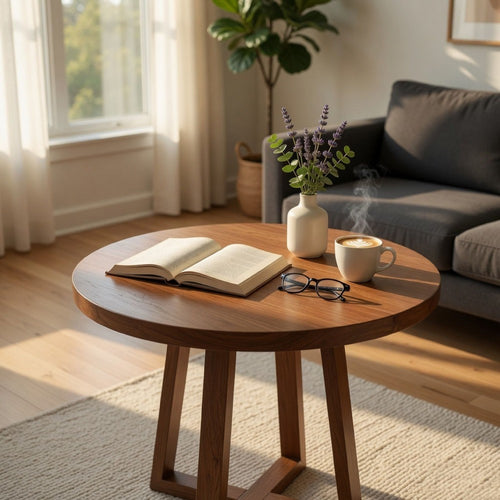 Mika Counter Table | 44" Round Top | Criss Cross Base | Medium Brown Wood