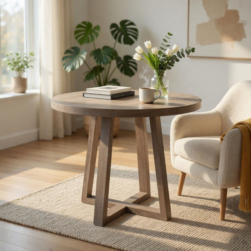 Mika Counter Table | Round Top | Criss Cross Base | Wheat Brown Wood 44"