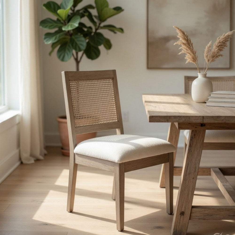Dining Side Chair Set of 2 | Cane Back | Cream Seat Cushion | Hazelnut Brown Wood