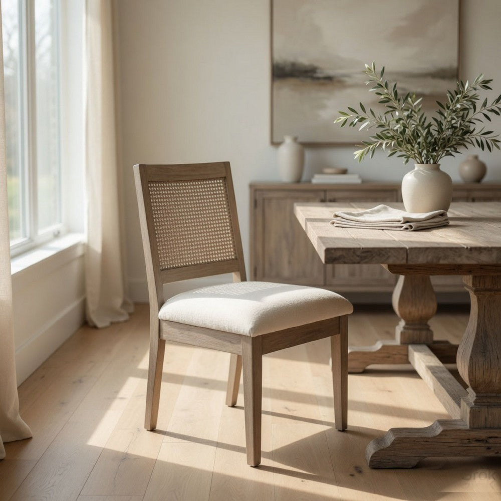 Dining Side Chair Set of 2 | Cane Back | Cream Seat Cushion | Hazelnut Brown Wood