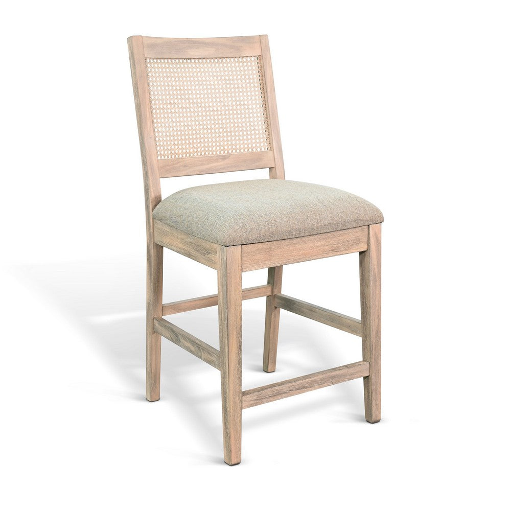 Counter Stool Chair Set  of 2 | Cane Back | Gray Fabric Cushion | Wheat Brown Wood