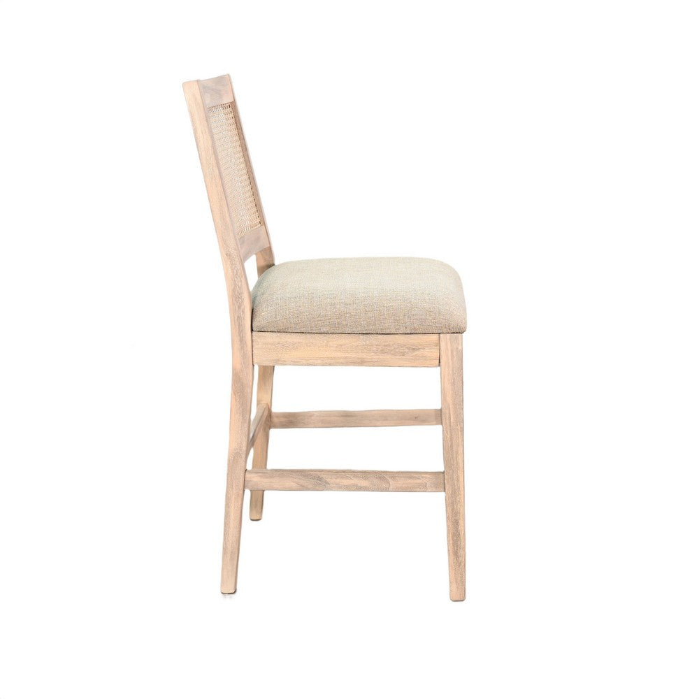Counter Stool Chair Set  of 2 | Cane Back | Gray Fabric Cushion | Wheat Brown Wood