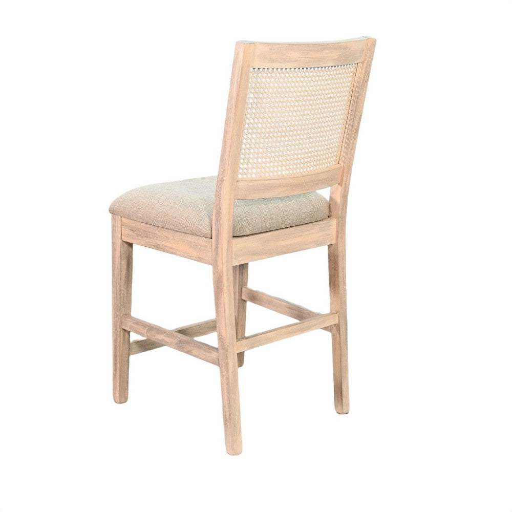 Counter Stool Chair Set  of 2 | Cane Back | Gray Fabric Cushion | Wheat Brown Wood