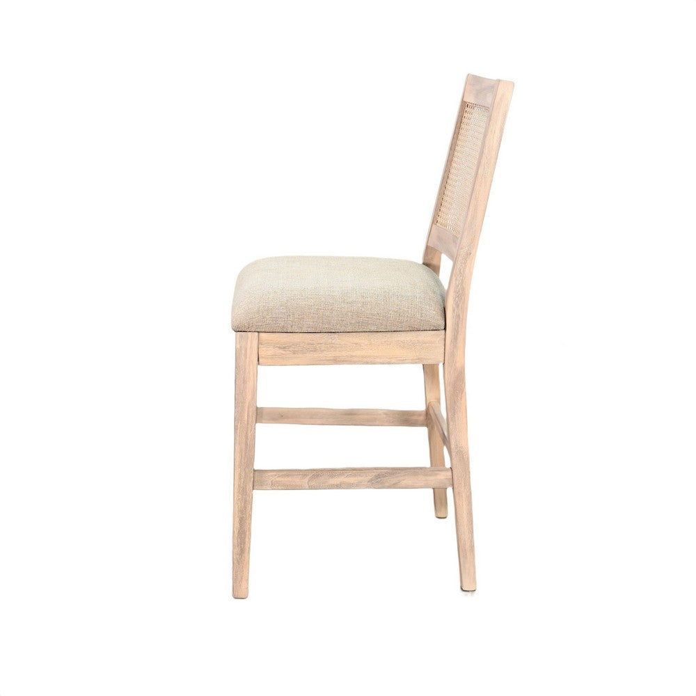 Counter Stool Chair Set  of 2 | Cane Back | Gray Fabric Cushion | Wheat Brown Wood