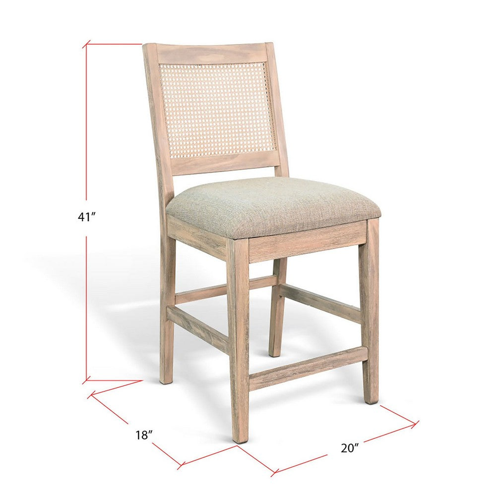 Counter Stool Chair Set  of 2 | Cane Back | Gray Fabric Cushion | Wheat Brown Wood