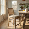 Counter Stool Chair Set  of 2 | Cane Back | Gray Fabric Cushion | Wheat Brown Wood