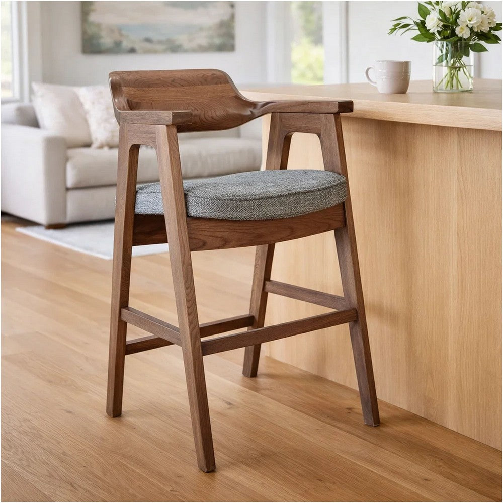 Reno Counter Stool Chair Set of 2 | Curved Back | Gray Cushion | Brown Wood