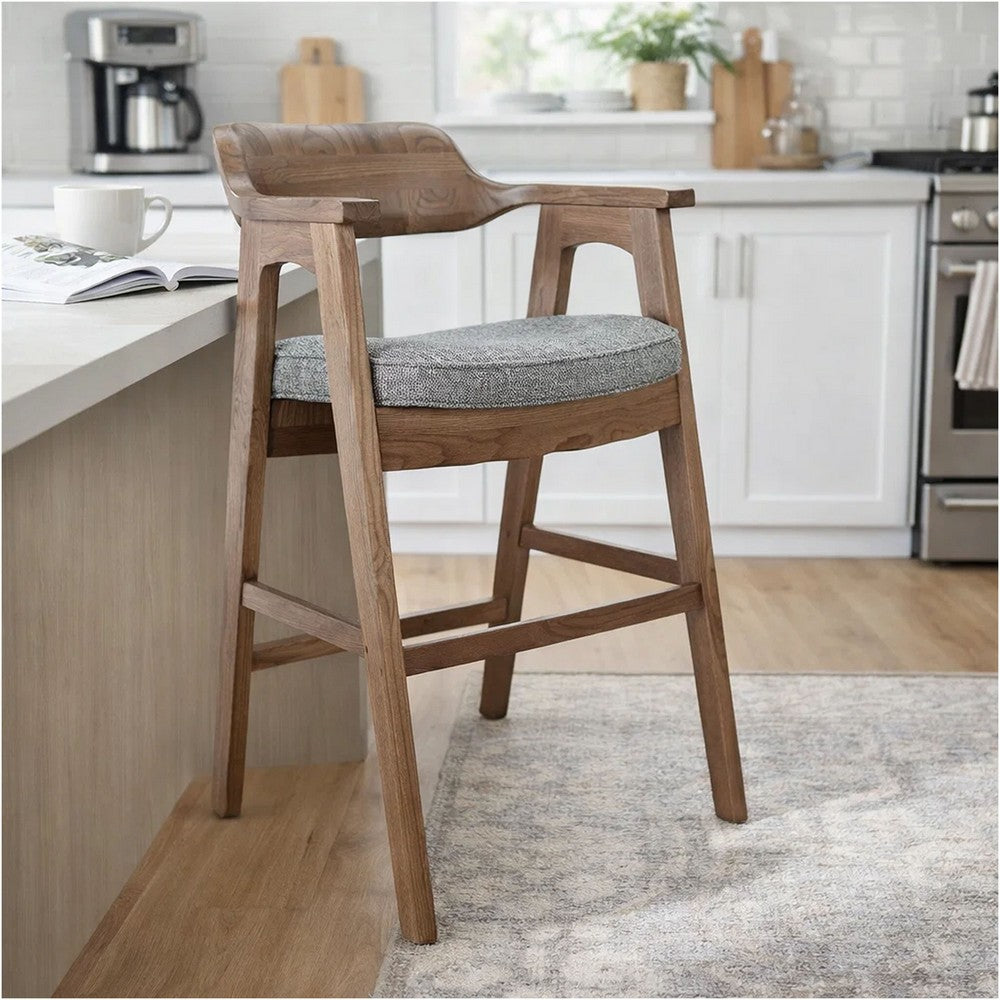 Reno Counter Stool Chair Set of 2 | Curved Back | Gray Cushion | Brown Wood