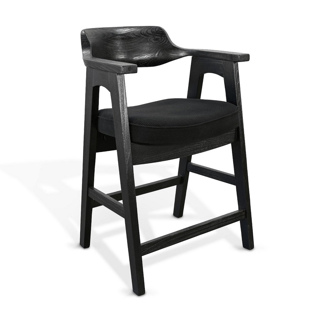 Reno Counter Stool Chair Set of 2 | Curved Back w Seat Cushion | Black Wood