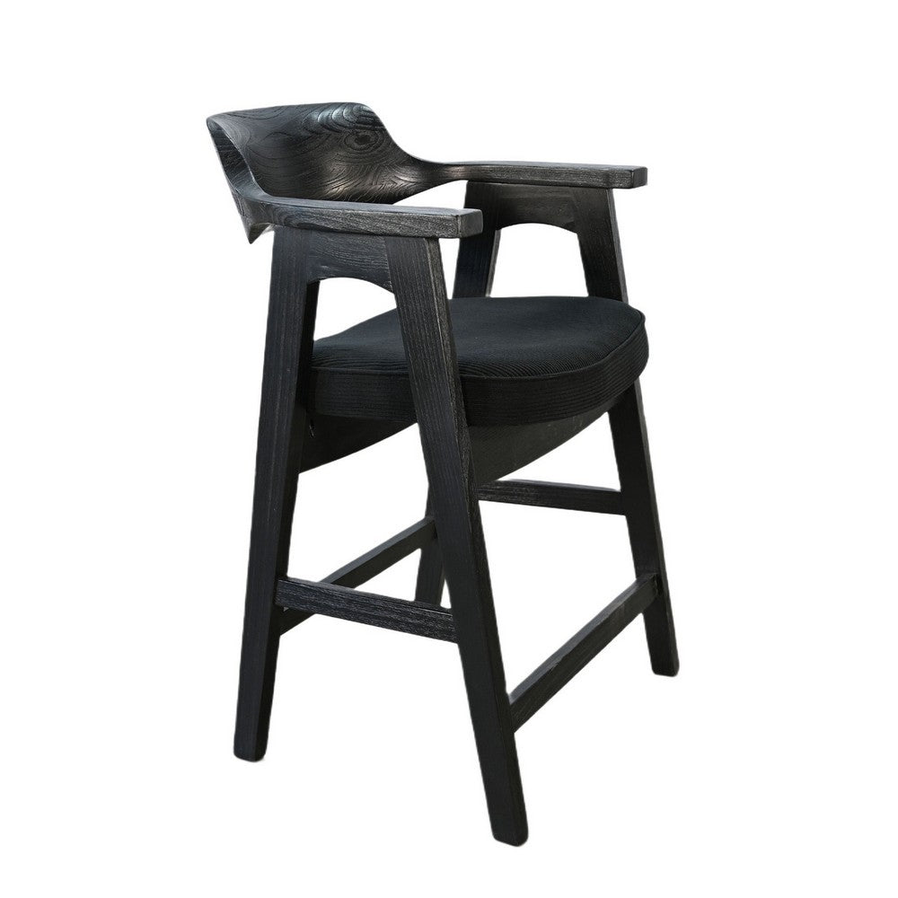 Reno Counter Stool Chair Set of 2 | Curved Back w Seat Cushion | Black Wood