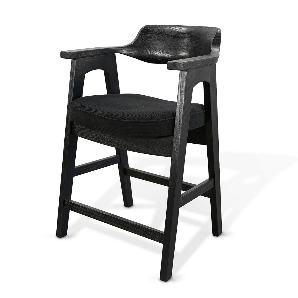 Reno Counter Stool Chair Set of 2 | Curved Back w Seat Cushion | Black Wood