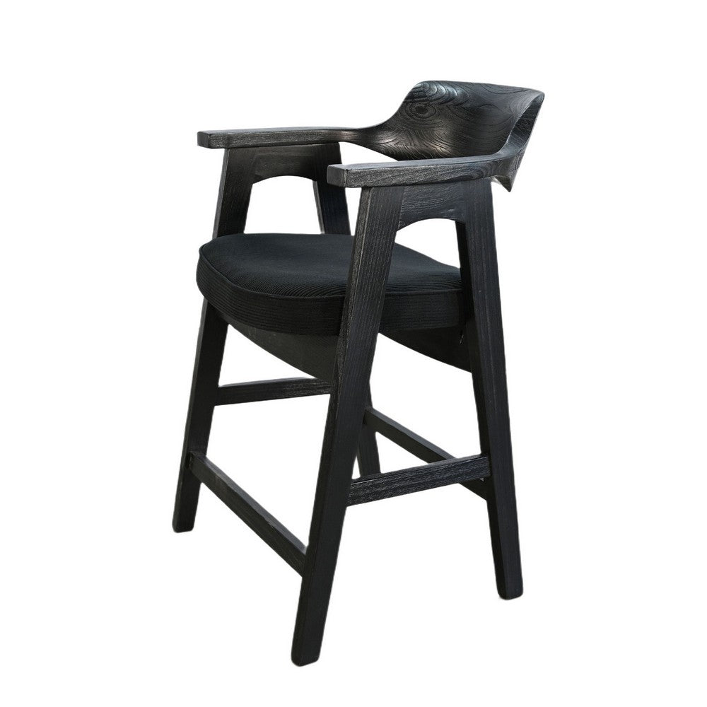 Reno Counter Stool Chair Set of 2 | Curved Back w Seat Cushion | Black Wood