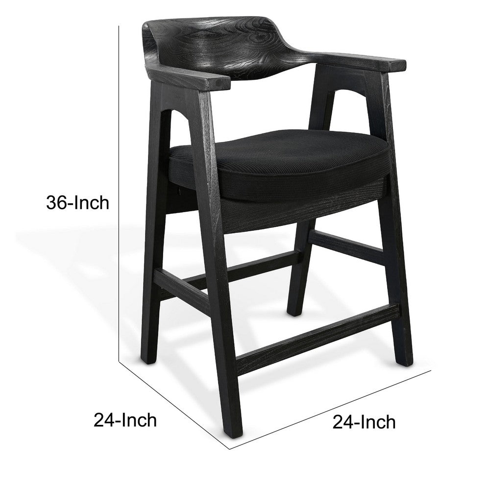 Reno Counter Stool Chair Set of 2 | Curved Back w Seat Cushion | Black Wood