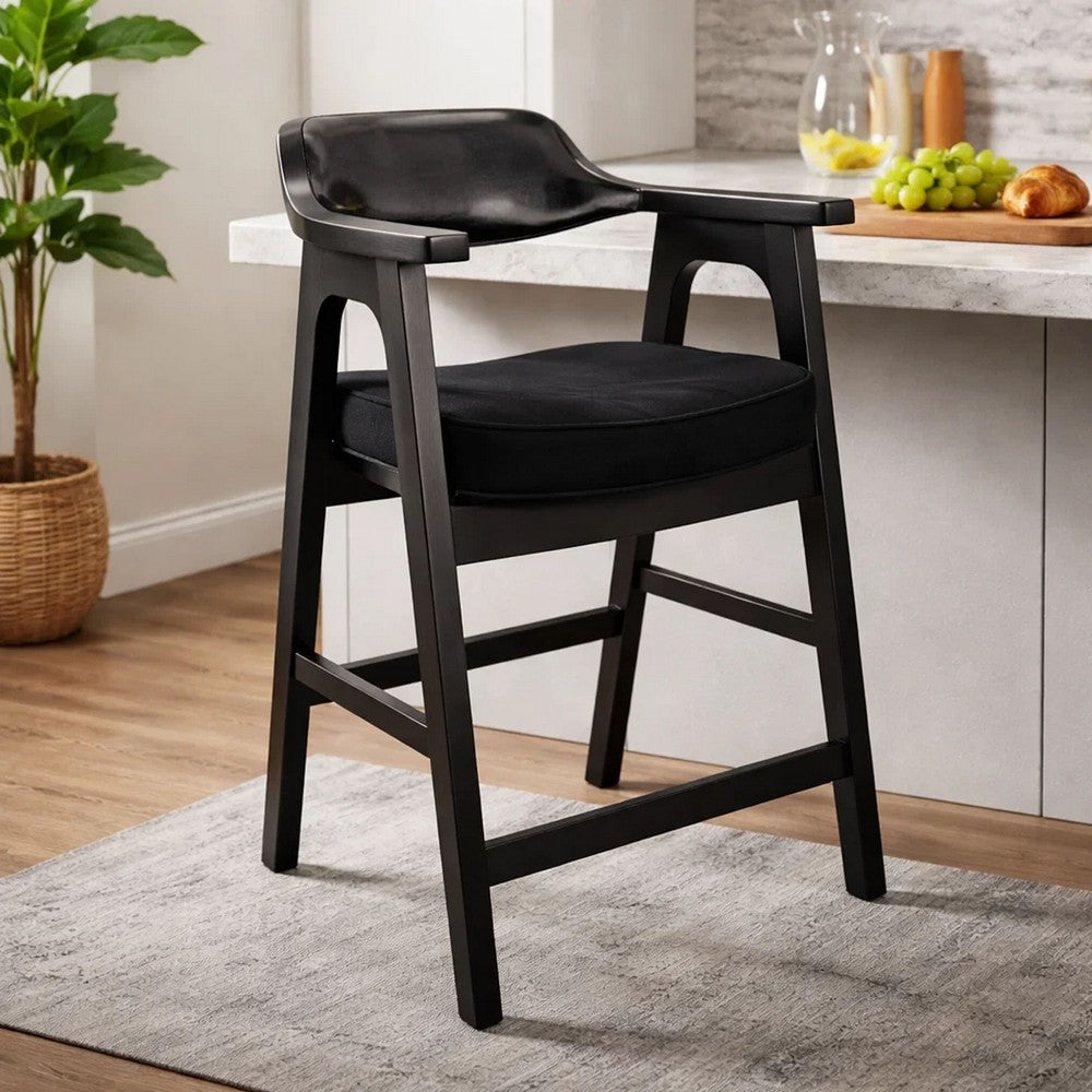 Reno Counter Stool Chair Set of 2 | Curved Back w Seat Cushion | Black Wood