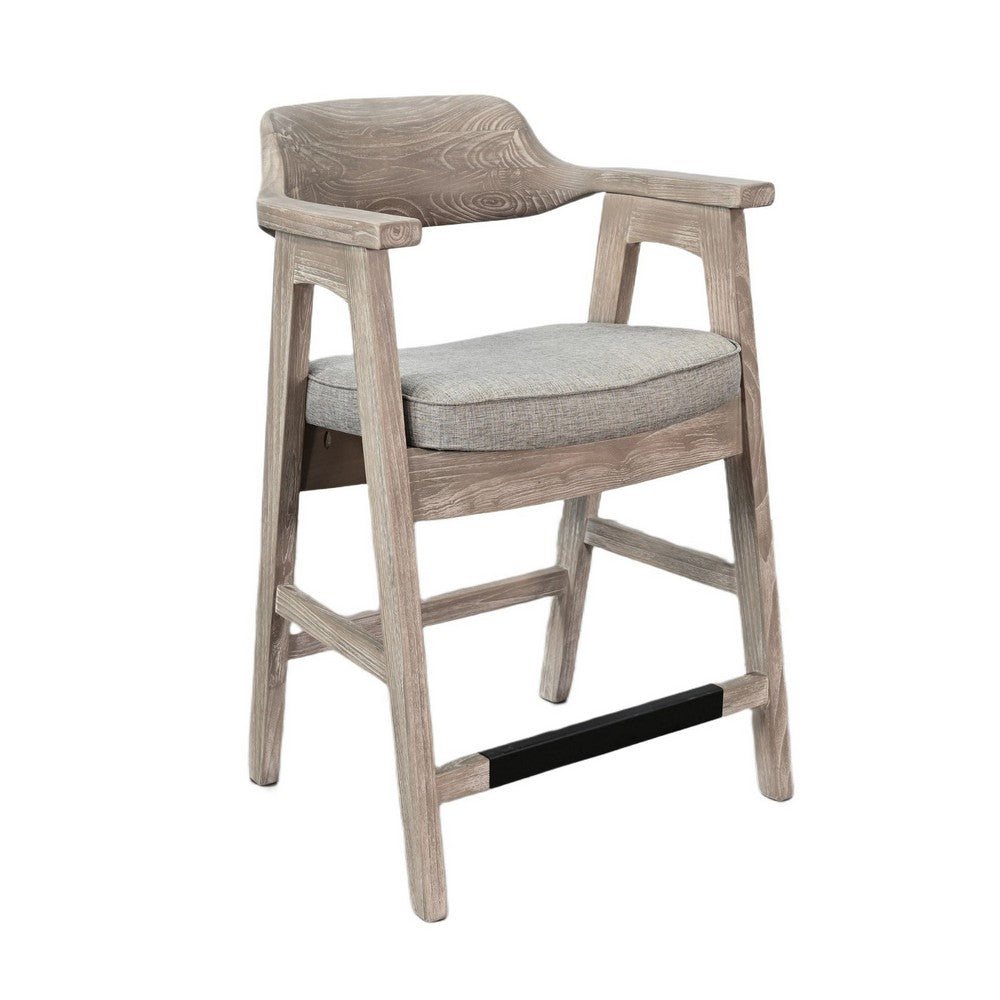 Reno Counter Stool Chair Set of 2 | Curved Back | Gray Seat | Natural Brown Wood