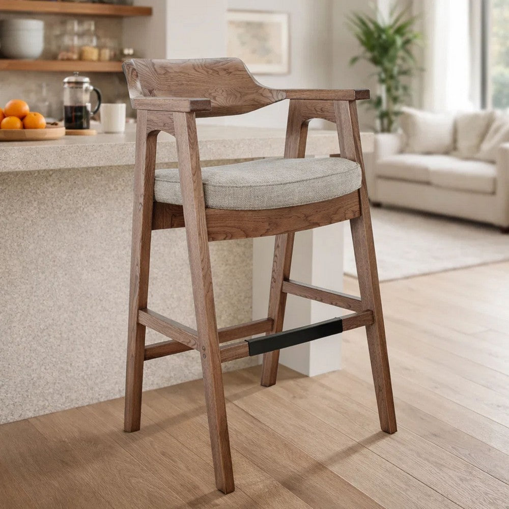 Reno Barstool Chair Set of 2 | Curved Back | Gray Seat | Medium Brown Wood