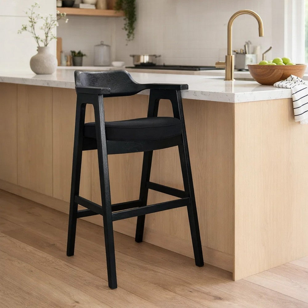 Reno Barstool Chair Set of 2 | Curved Back w Seat Cushion | Umbra Black Wood