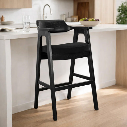 Reno Barstool Chair Set of 2 | Curved Back w Seat Cushion | Umbra Black Wood