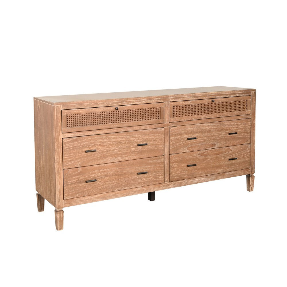 Beni Wide Dresser | 6 Drawers | Rattan Woven Panels | Black | Brown Oak Grove