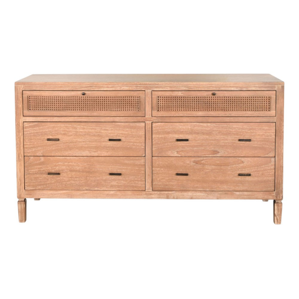 Beni Wide Dresser | 6 Drawers | Rattan Woven Panels | Black | Brown Oak Grove