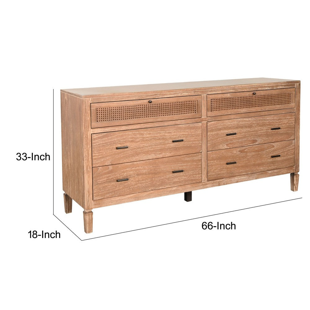 Beni Wide Dresser | 6 Drawers | Rattan Woven Panels | Black | Brown Oak Grove