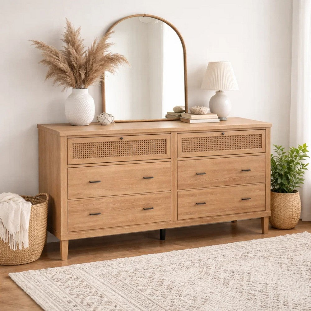Beni Wide Dresser | 6 Drawers | Rattan Woven Panels | Black | Brown Oak Grove