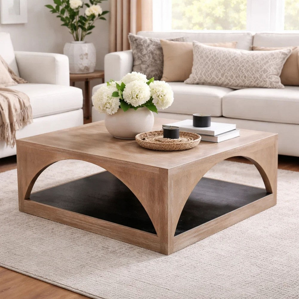 Lesy Coffee Table | 36" Square Top with Lower Shelf | Brown | Black
