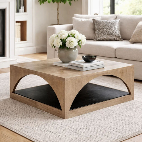 Lesy Coffee Table | 36" Square Top with Lower Shelf | Brown | Black