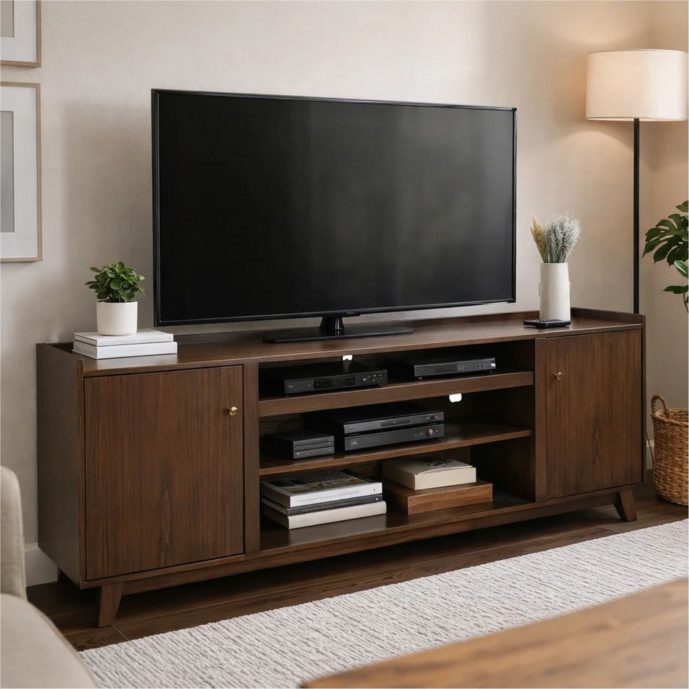 TV Media Stand Cabinet | 86" Wide | 2 Open Shelves | Walnut Brown