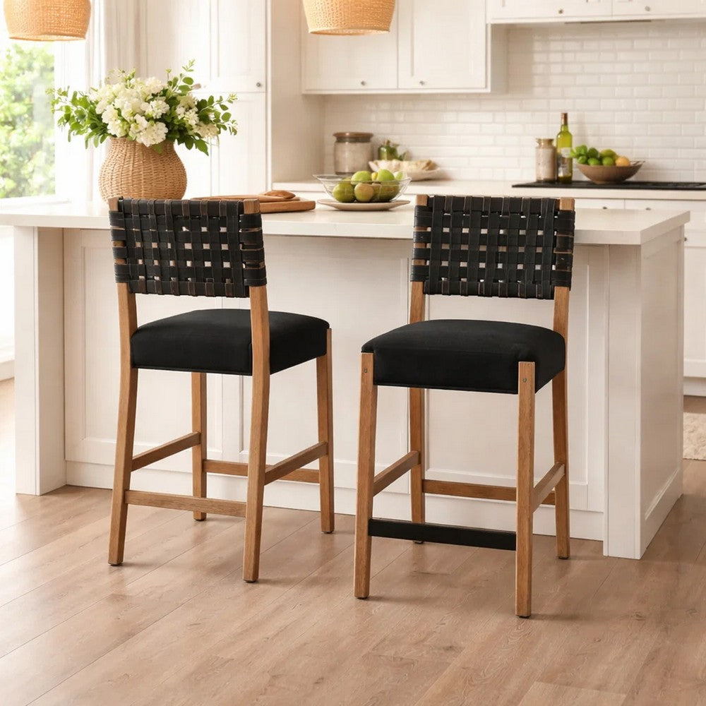 Jesa Counter Stool Chair Set of 2 | Black Woven Back | Brown Mahogany Wood