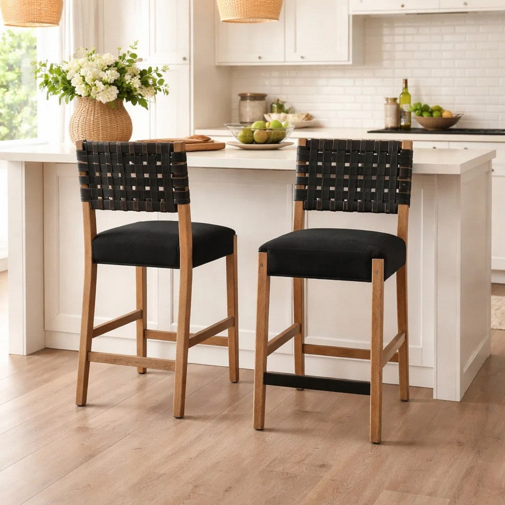 Jesa Counter Stool Chair Set of 2 | Black Woven Back | Brown Mahogany Wood