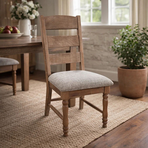 Jake Dining Side Chair Set of 2 | Ladder Back | Gray Padded | Amber Brown Wood