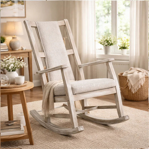 Keza Rocking Chair | Padded Seat | Light Gray Mindi Wood Frame