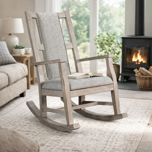 Keza Rocking Chair | Gray Padded Seat | Wheat Brown Mindi Wood Frame