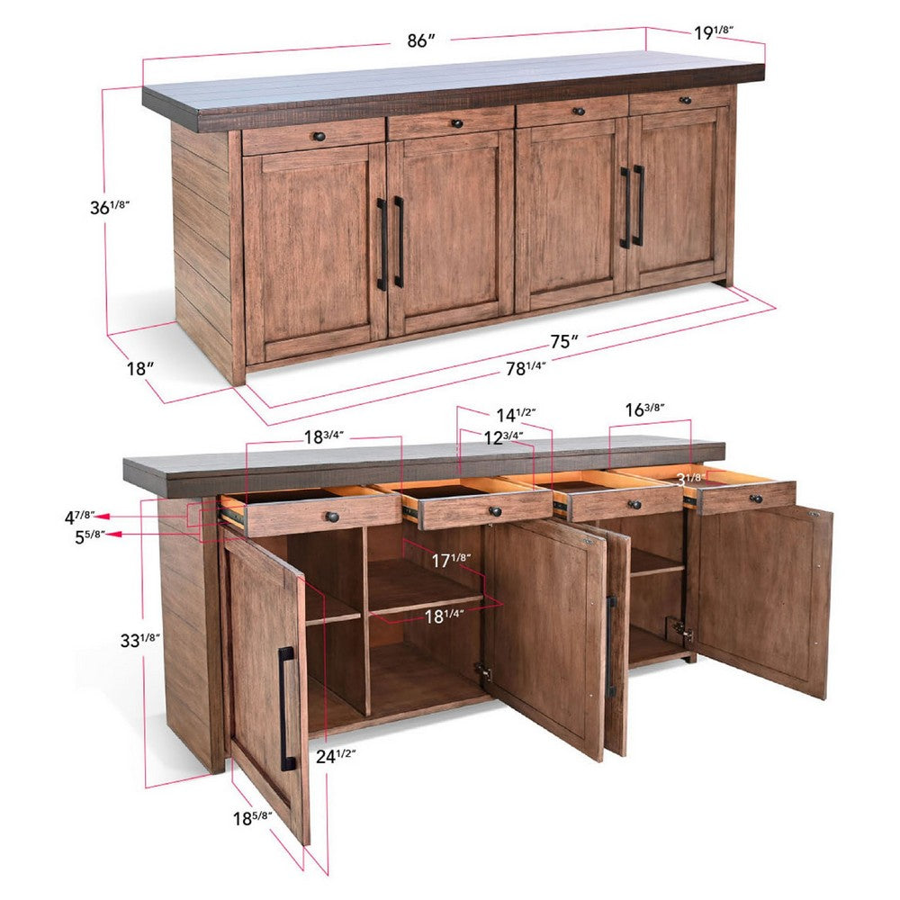 Wedy Sideboard Dining Server | 4 Door Cabinet | 86" Brown Mahogany Wood