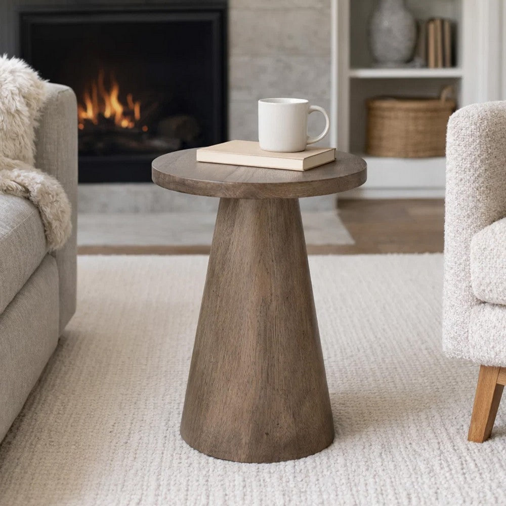Myro Accent Table | 13" Round Top with Cone Base | Buckskin Brown Mahogany Wood