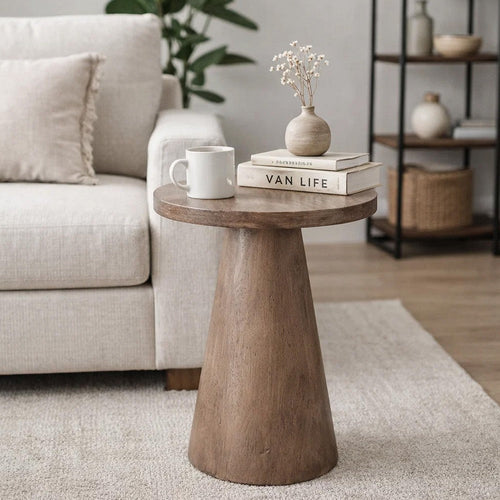 Myro Accent Table | 13" Round Top with Cone Base | Buckskin Brown Mahogany Wood