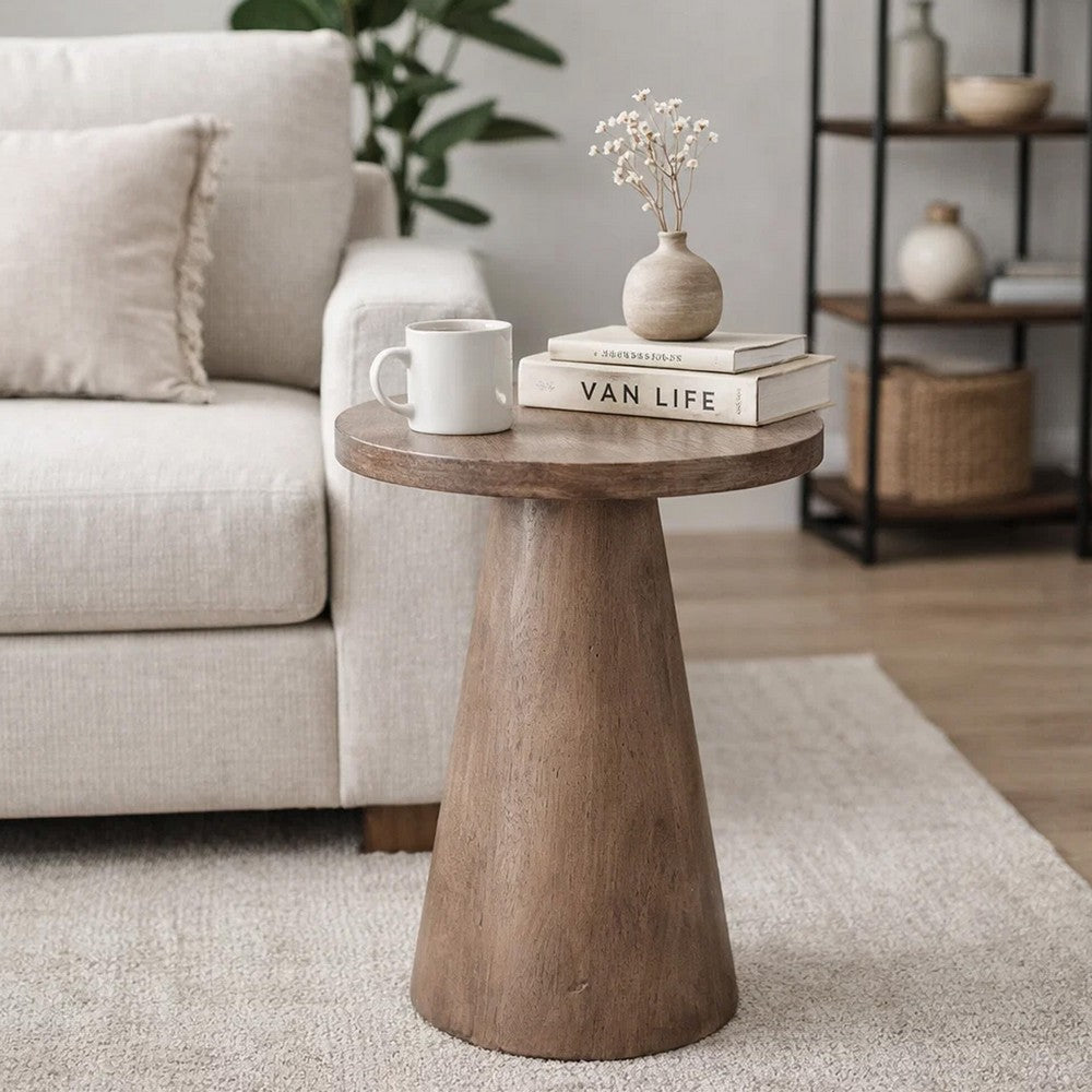 Myro Accent Table | 13" Round Top with Cone Base | Buckskin Brown Mahogany Wood
