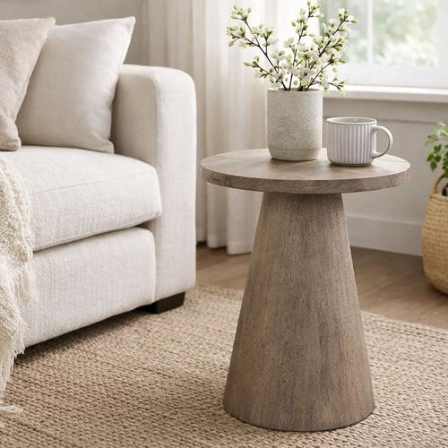 Myro Accent Table | 13" Round Top with Cone Base | Hazelnut Brown Mahogany Wood